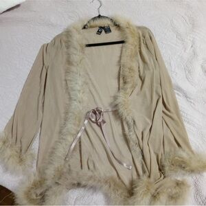 Windsor Beige Sexy robe with Faux Fur Trim